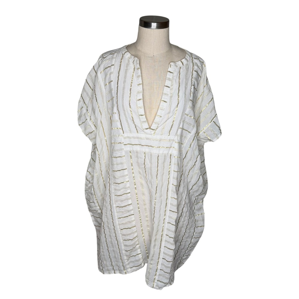 HELEN JON Kaftan White Gold Striped Metallic Organic Cotton Women's Size M/L